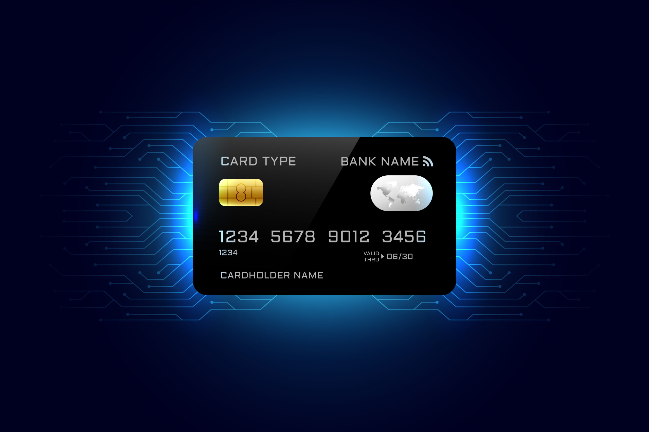 glowing credit card with circuit lines background